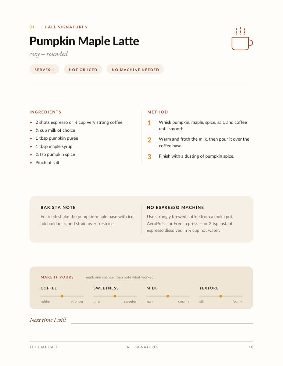 Sample page: Your first Pumpkin Maple Latte